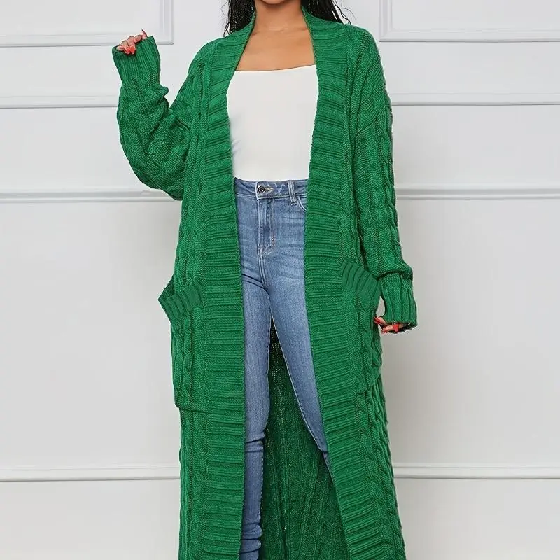 FashionWomen'sClothingLongLengthCableKnitCardigan-ElegantSolidLongSleeveSweaterWithPockets-Women'sClothing-Fall/Winter-SuitableCasual&FormalOccasions-PerfectWomen