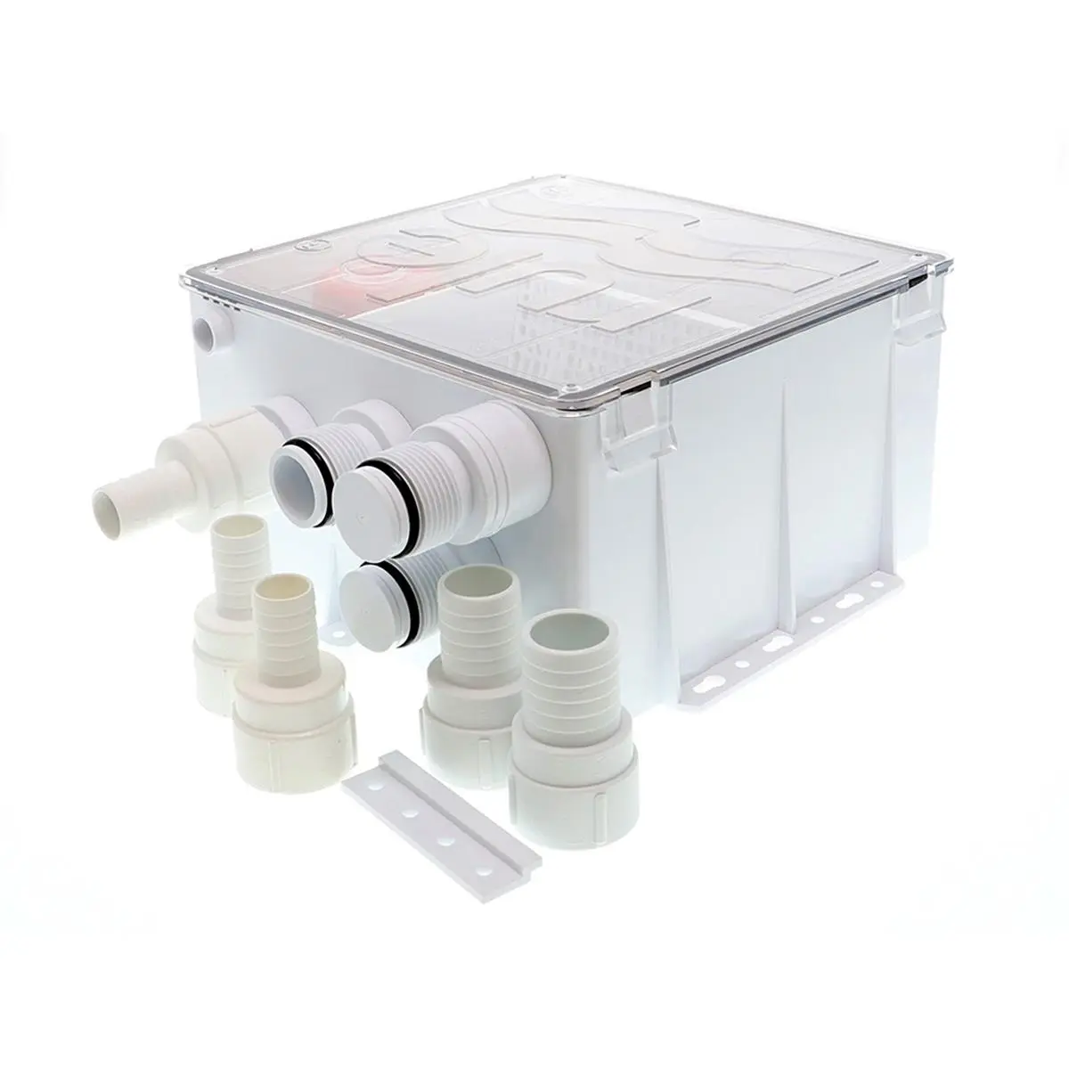 212 MAIN 24V Shower Drain Box System, 800 GPH Automatic Pump with Float Switch, Compact Design for Bathroom Installation, Easy-Clean Internal Strainer, Quick-Release Tank Lid, Three Inlet Ports