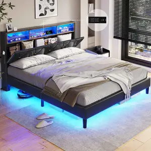 Sikaic Faux Leather LED Bed Frame With Outlets And Storage Headboard Black Modern Unique Bedroom Furniture