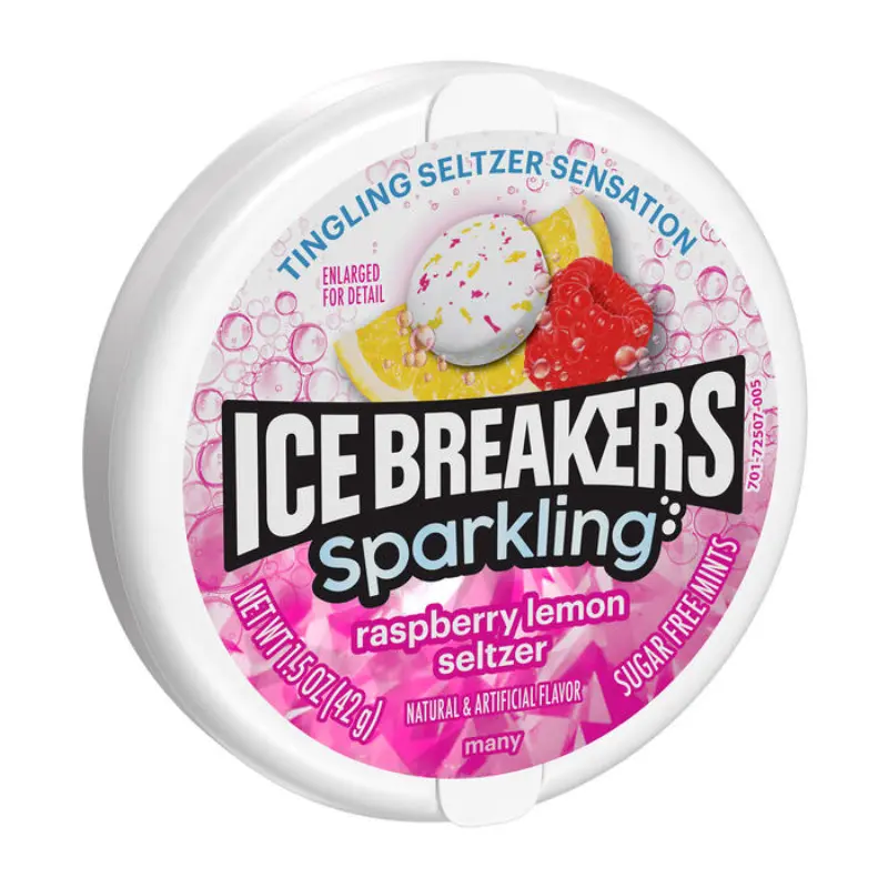 8x Ice Breakers Tin Sparkling Raspberry Lemon Chewing Gum - Fresh Breath Mints Sugar Free Snack Treat 1.5oz, All Ages, Fat Free