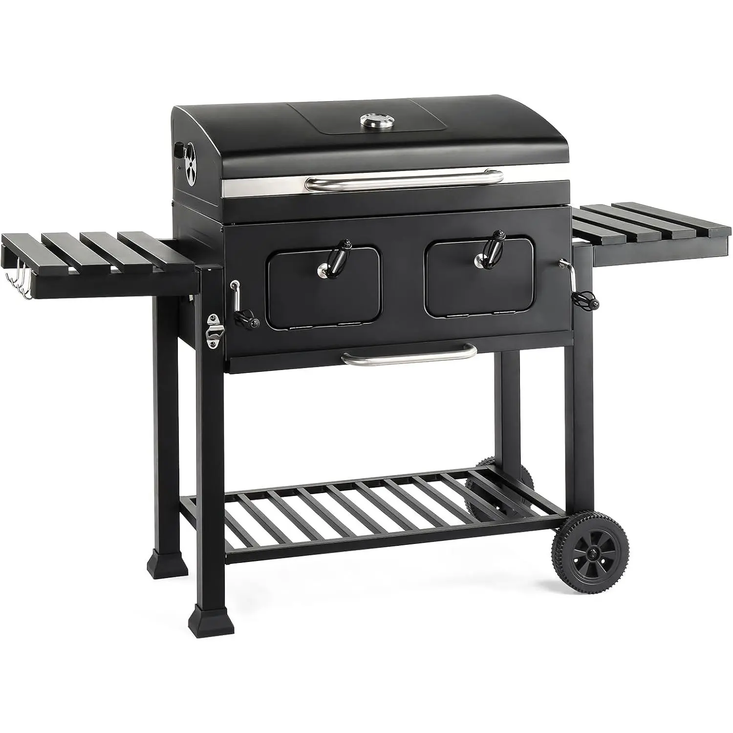 ROVSUN Charcoal Grill with Two Side Tables, Extra Large Cooking Area, Two Individual Lifting Charcoal Trays, Pull-out Ash Tray, Perfect BBQ Grill for Outdoor Picnic, Black
