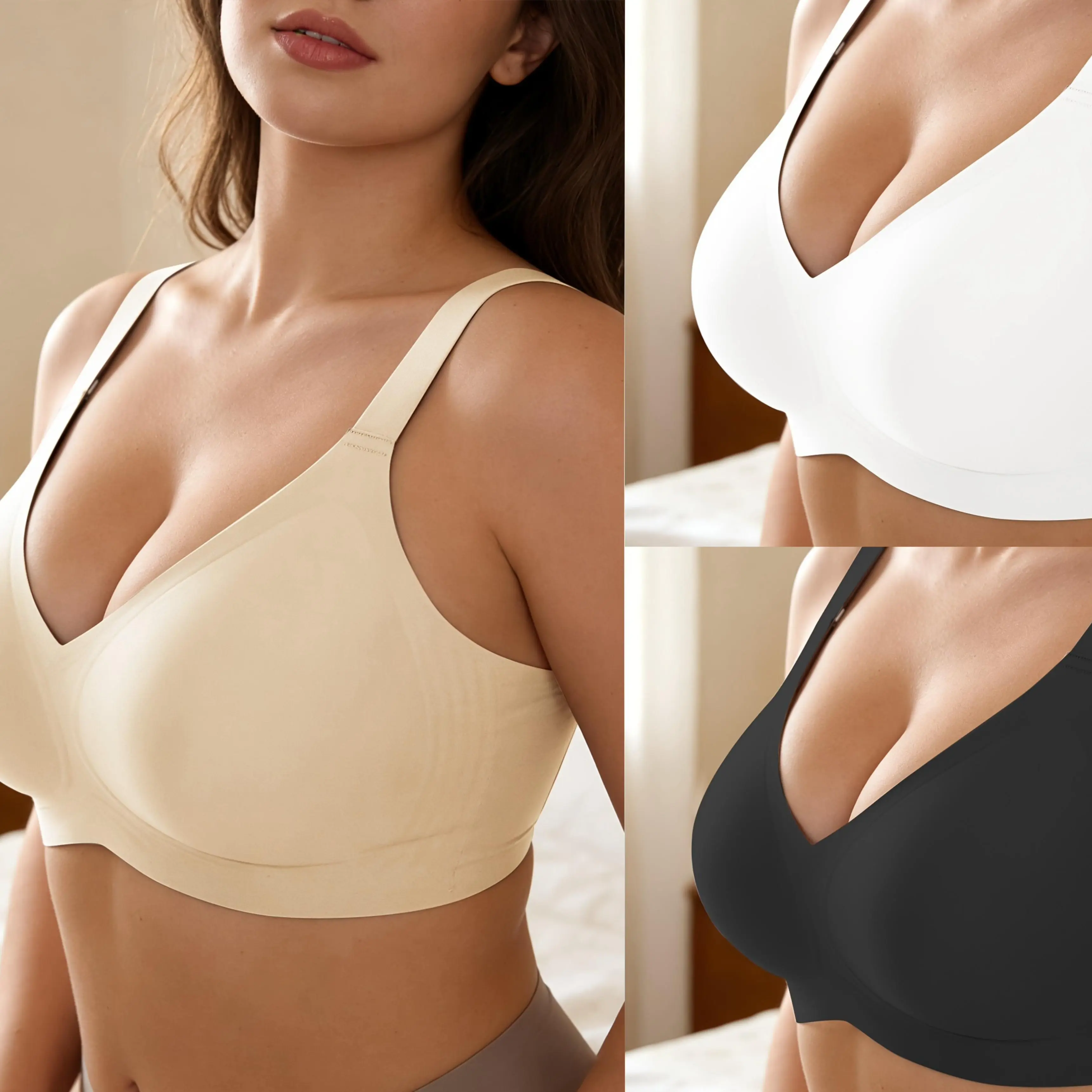Women's 3PCS Comfort Push-Up Braletts, Adjustable-Strap Wireless Seamless Full Coverage Jelly Bras, Buttery Soft Breathable Everyday T-Shirt Bras, Convertible Invisible Support Womenswear Backless Plain Brassieres (FZ-1)