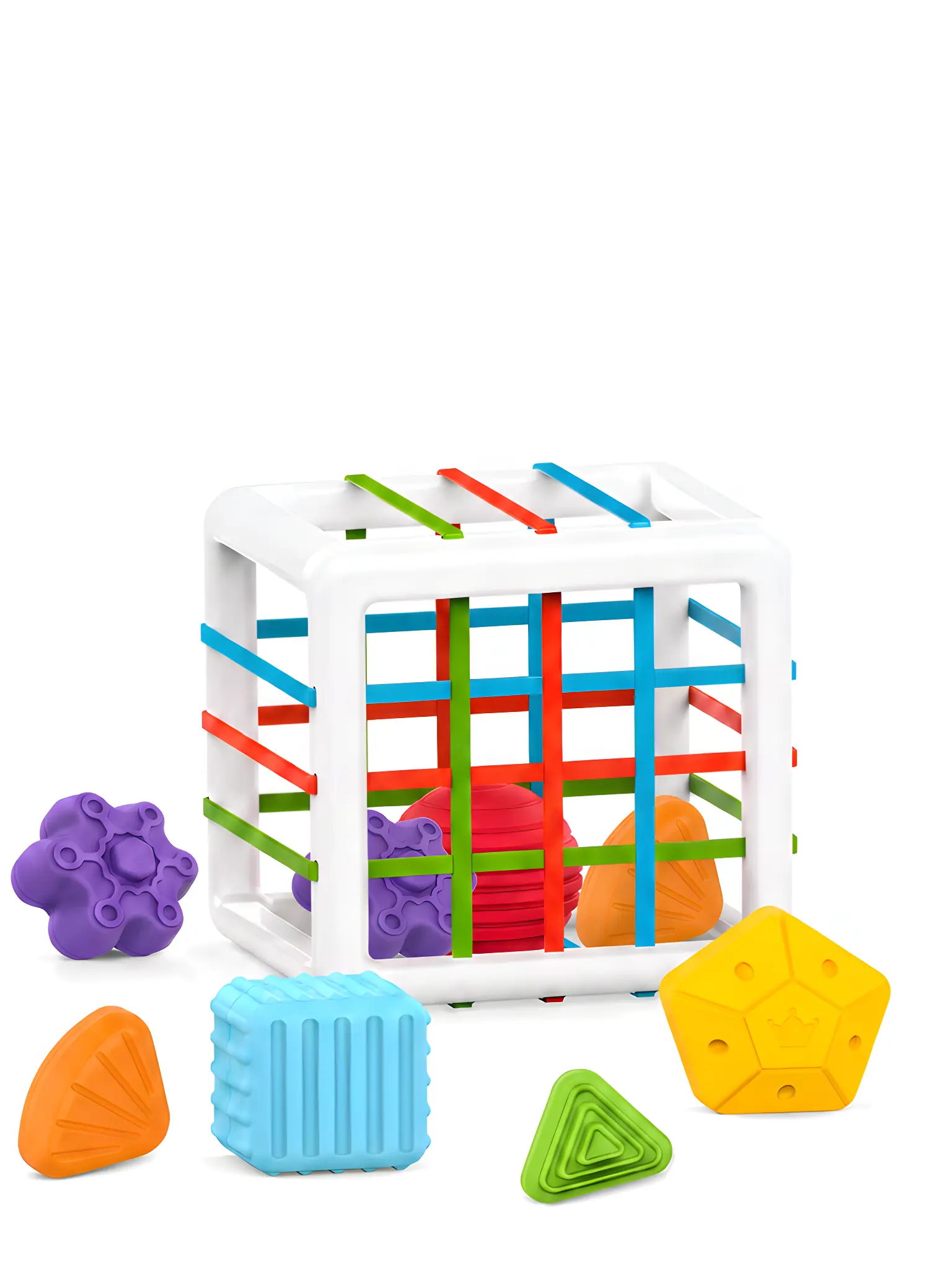 Montessori Activity Cube Sensory Playset - 6-Pc Shape Sorter, Elastic Bands, Color Recognition, Montessori Busy Cube, Toddler Learning Toy for 12+ Months, 1st Birthday Gift for 1-3 Year Olds