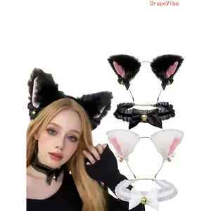 2Pcs Cute Plush Cat Fox Ear Headband Soft Stylish Animal Hair Accessory For Women Party Daily Cosplay Wear