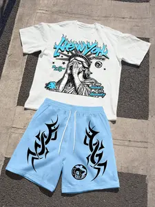 Men's fashionable casual sportswear set: American-style graphic print crew neck T-shirt and drawstring shorts set. Comfortable, versatile, and suitable for outdoor activities.