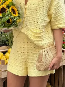 Women's Lemon Crochet Shorts, High Waist Knit Casual Shorts with Pockets, Perfect for Daily Wear and Vacation