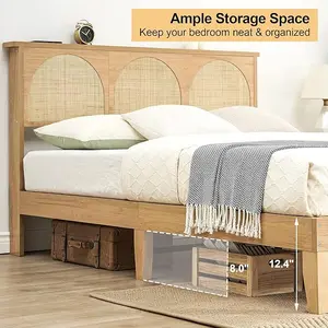12.4 Inch Deluxe Wood Full Size Bed Frame with Natural Rattan Headboard,Modern Rustic Unique Style, No Box Spring Needed, Strong Wood Slat Support, Easy Assembly
