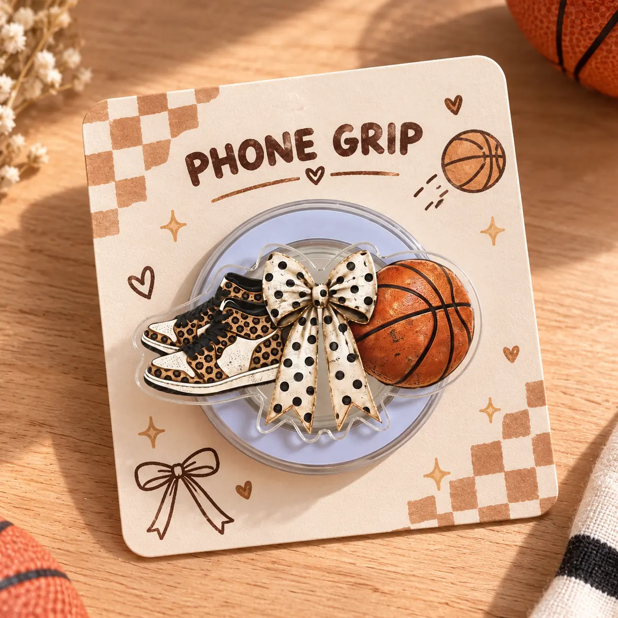 Basketball Phone Grip, Leopard Print Sneakers and Polka Dot Bow, Sports Lover Kindle Grip, Cute Magnetic Phone Holder