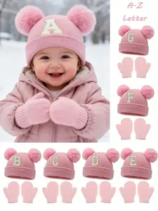 3-Piece Set Baby Winter Hat & Glove Set, Cute Knitted Cap for Boys & Girls, Warm Winter Hats 0-3 Years, Casual Loose Fit, Bonnets, Bonnet With Bunny Ears