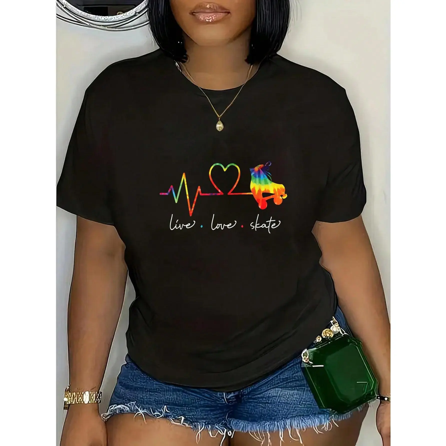 100% Cotton Roller Skating Skate Girl Heartbeat Heart Tie Dye T-Shirt