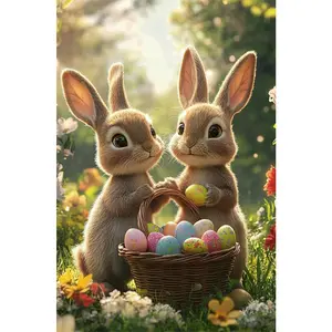 1PCS Easter Diamond Painting Kit Two Cute Rabbits with Colorful Eggs in Basket DIY Craft for Home Decor