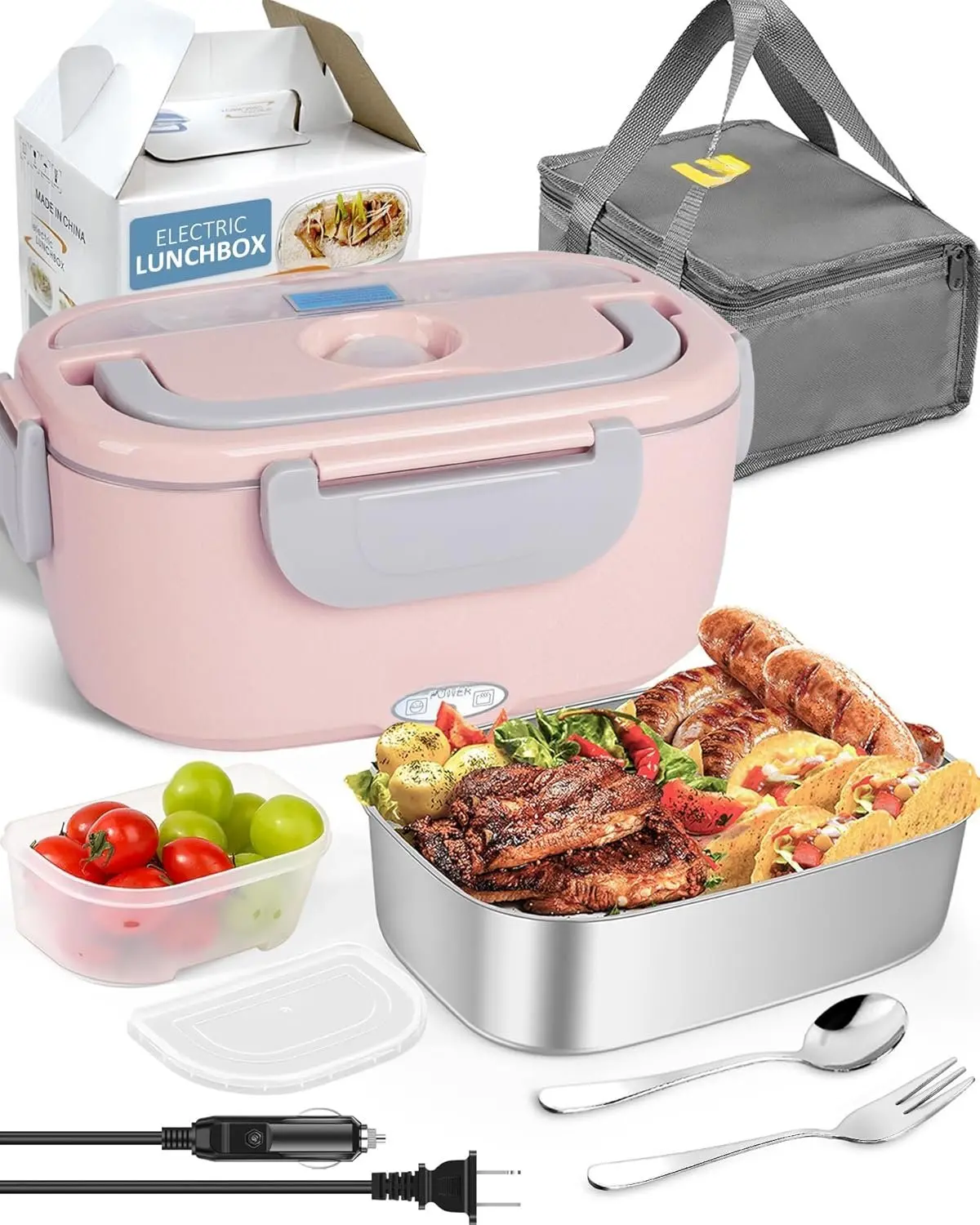 Electric Lunch Box  Heater 80W for Adults, Portable  Warmer Heated Lunch Box for   Work with 1.5L Stainless Steel Container Fork & Spoon 12/24/110V Lonchera Electrica Portatil