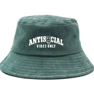 Anti Social Vibes Only Corduroy Embroidered Bucket Hat, Cool Hats, Cute, Party, Beach, Pool, Festival, Rave, Poolside Accessories, Sun, Summer, Spring, Christmas, Birthdays, Fathers Day, Anime, Smiley Face, Lake, River, Trucker Baseball Cap