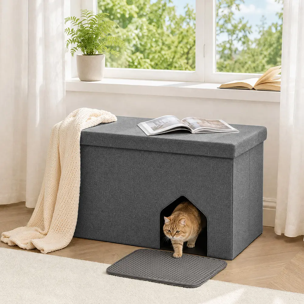 PAWGIANT 3-in-1 Enclosed Litter Box Furniture Bench - Dog-Proof, Space-Saver, Waterproof, Multi-Use Ottoman Cabinet with Lid, Foldable Cat Washroom, Storage Footrest, Odor Control, Built to Last, 35.4"x19.7"x19.7" (for Apartments, Balconies)