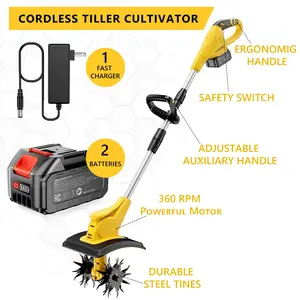 Jaylene 21V Cordless Electric Tiller Cultivator – 360 RPM Garden High Power Tool with Low Noise, 9.06" Tilling Width and 6.3" Depth, Portable Rotary Tiller for Yard & Soil Cultivation