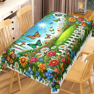 Product 1pc, Spring Tablecloth, Butterfly and Flower Pattern Spring Scene Tablecloth, 100% Polyester, for Home Kitchen Dining Party Decor, "Hello Spring" Text Design, Spring Home Decoration