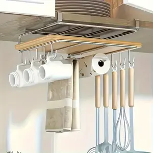 Kitchen Storage Rack with Cup Hooks, Paper Towel Holder and Cutlery Holder, Multifunctional Integrated Under-Cabinet Hanging Storage Rack