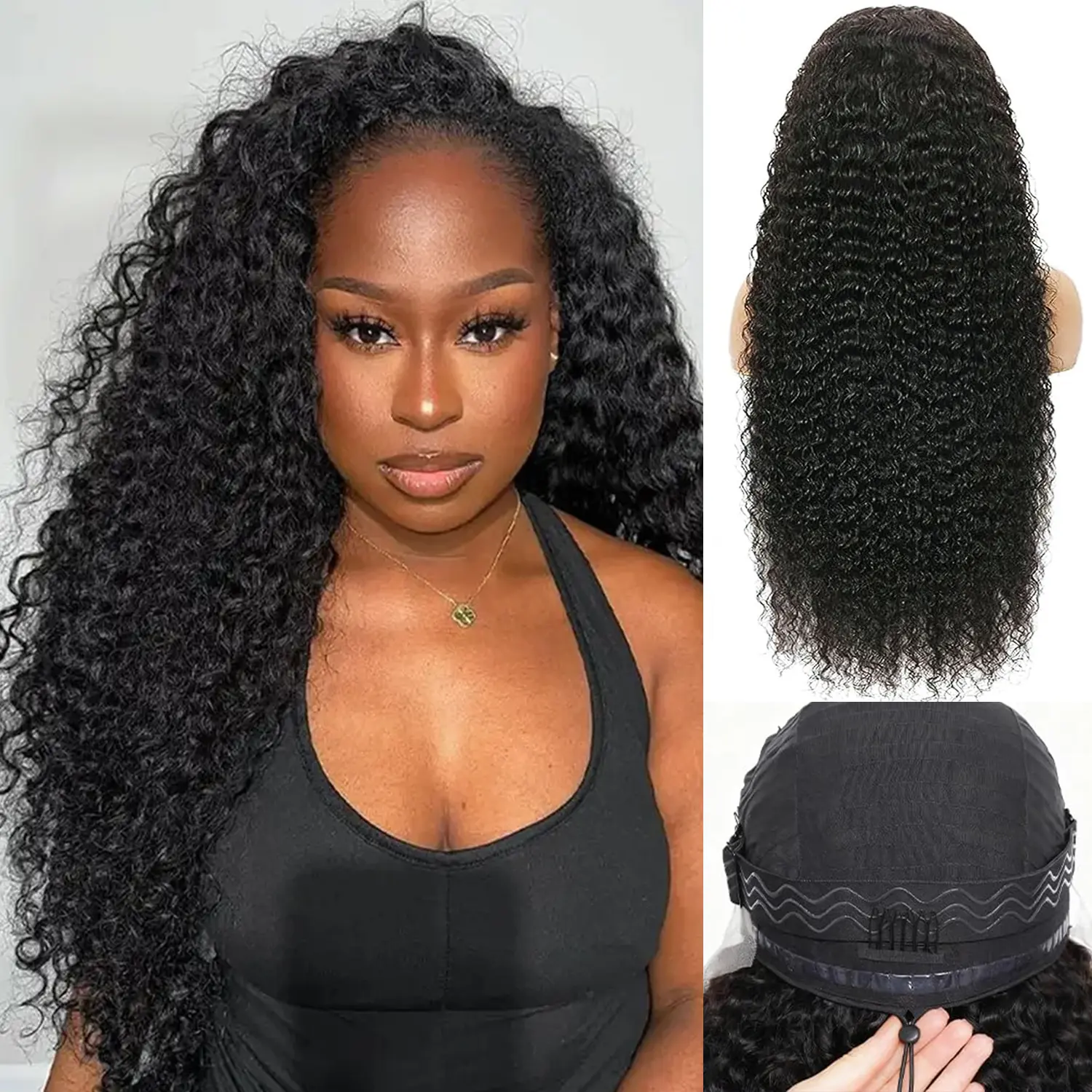 Kinky Curly Half Wig Human Hair, 220% Density Wear and Go Glueless Wigs 18 Inch 3 In 1 Water Wave Human Hair Wigs for Black Women, Seamless Flip Over Drawstring Half Wig, Beginner Friendly, Natural Black