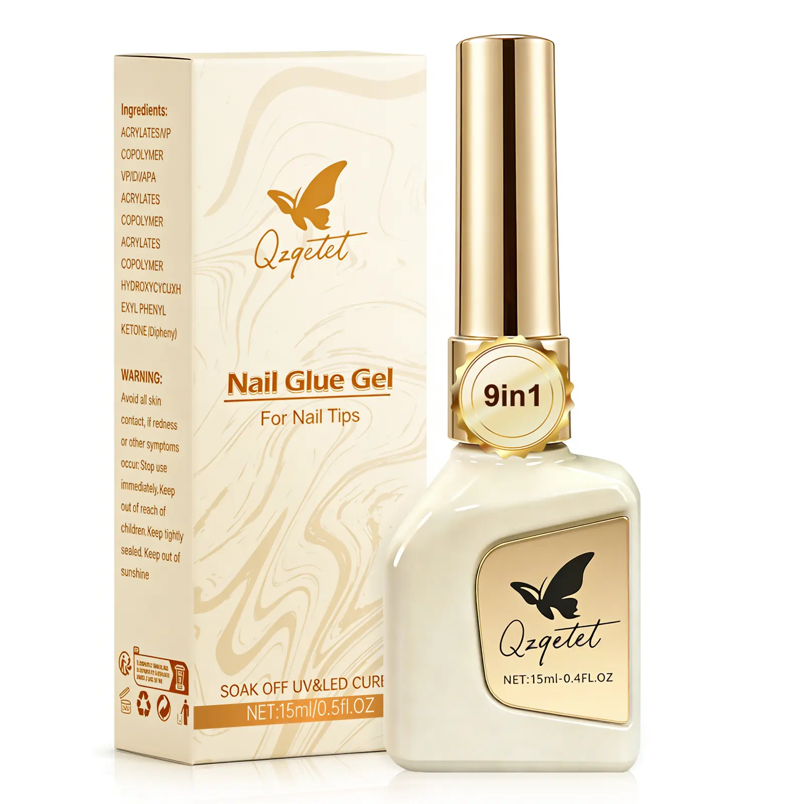 Qzqetet Gel Polish 9 In 1 Nail Glue with New Formula, 0.5 Fl Oz Super Strong Brush in Nail Gel Glue for False Nails Tips, Rhinestone, Base Gel, Blooming Gel, ect, UV Led Lamp Required