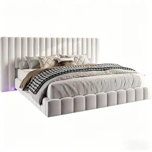 [MothersDayGift] #Summervibes AMERLIFE Upholstered Bed Frame with Oversized Headboard, Modern Floating Bed Frame with RGB LED Lights, Velvet Channel Tufted Platform, Stable&Durable/No Box Spring Needed/Luxury Furniture Design/Best Gift Ideas