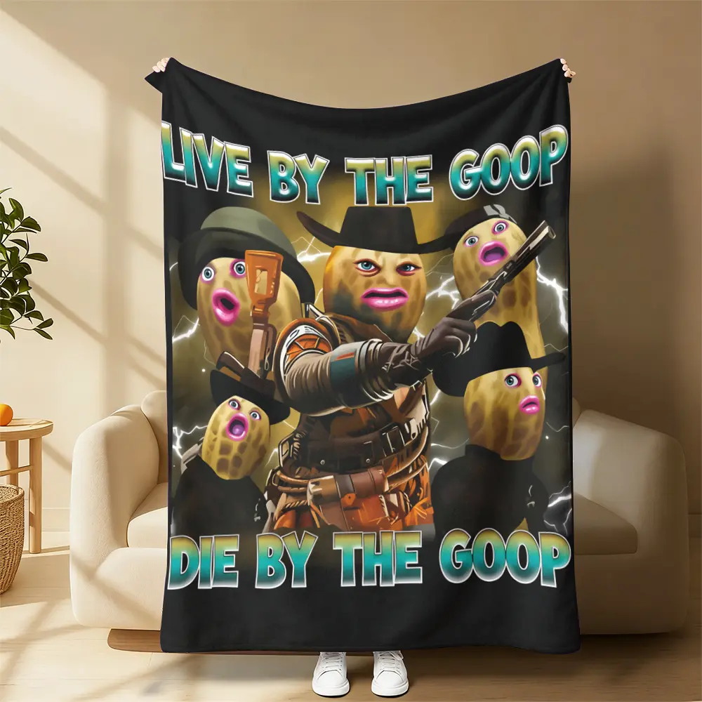Oversized Fleece Throw Blanket - Live By The Goop Die By The Goop Western Peanut Meme Cowboy Lightning Black Background, Flannel Soft Cozy Setup, All-Seasons Washable, Funny Character Group Print, Gift for Adult Internet Meme Lovers (Gaming Dorm Sofa Use)