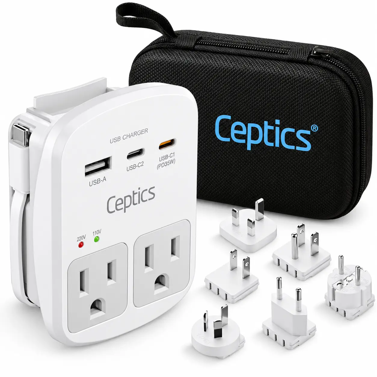 World-Way Travel Adapter Kit | 1 USB-A, 1 USB-C and 1 PD 35W USB-C port and cable + 2 US Outlets - Grounded (WPS-3C)