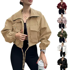 Womens Cropped Zip Up Lightweight Oversized Utility Anorak Jacket with Pockets Fall Spring Transitional Outerwear Casual Daily Commute Outdoor Trendy Layering Relaxed Fit Long Sleeve Coat for Women