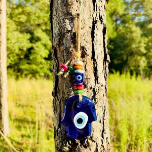 Mini Hamsa Hand Shape Wall Hanging Evil Eye with Wood Beads Nazar Boncuk Mal De Ojo, Modern Boho Style Home Decor, Turkish Gift