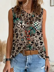 Spring/Summer Style, V-neck diamond cutout sleeveless cover-up, contrast leopard print & butterfly pattern women's knitted top, vacation style, women's vest cover-up, bikini cover-up, Beach cover ups