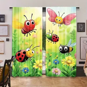 Cartoon Bee Ladybug Insect Print Curtains, 2 Piece Modern Rod Pocket Design, Durable Polyester Fabric, Home Decor for Kids Room Living Room Bedroom