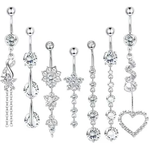 7Pcs Summer Essential Dangle Belly Button Rings Set | Hypoallergenic Surgical Steel | Sparkle Heart & Flower Navel Piercing Jewelry for Beach & Festival