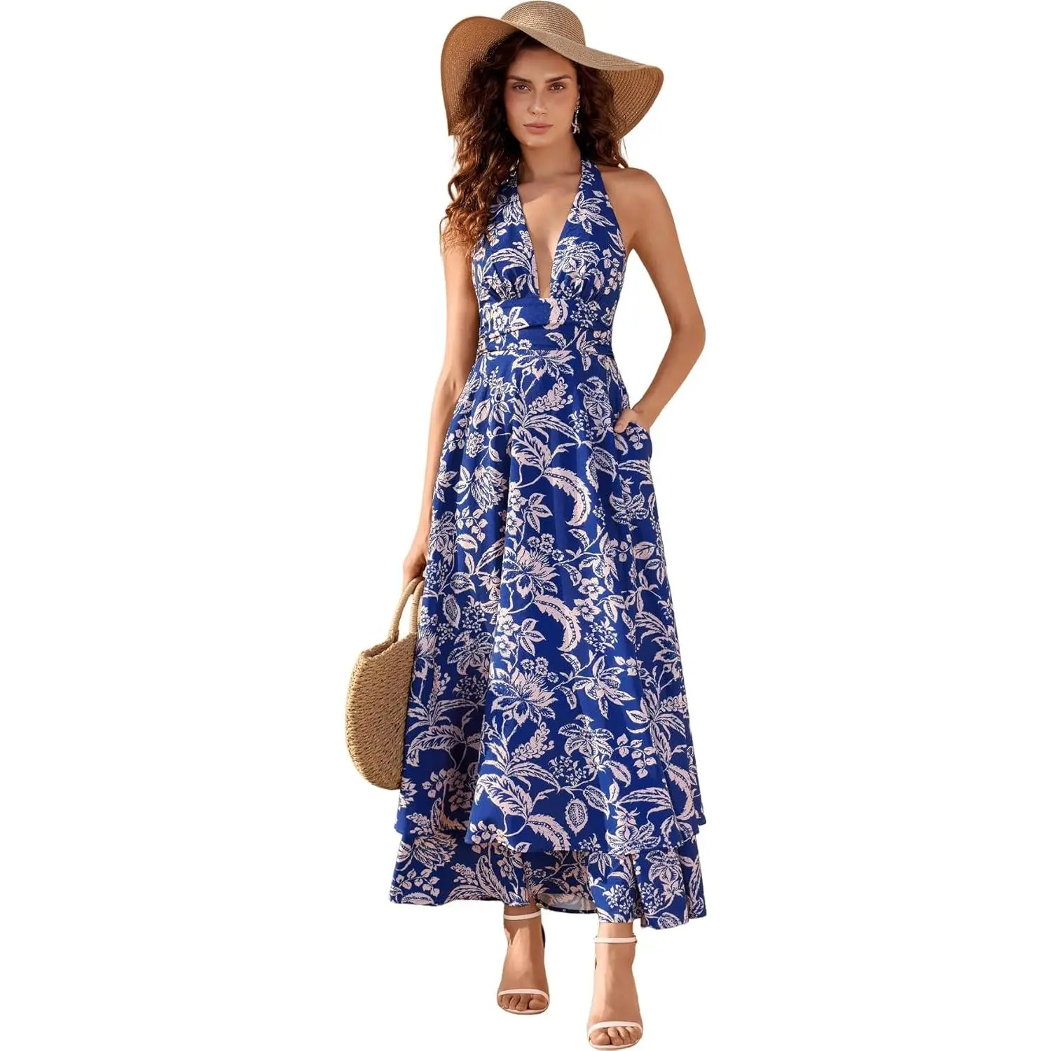 Women's Floral V-Neck Boho Maxi Dress - Halter Tie, Flowy A-Line, Tiered Sundress with Pockets, Suitable for Beach Wedding Guests, Premium Fabric Outfits with Complementary Earrings & Necklace for a Chic Vibe, Print