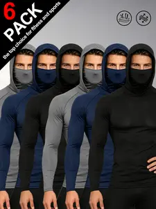 Men's 6 Pack Hooded Compression Shirts with Face Cover, Quick Dry Long Sleeve Athletic Base Layer Tops, High Stretch Workout Undershirts for Cycling Running Gym Sports
