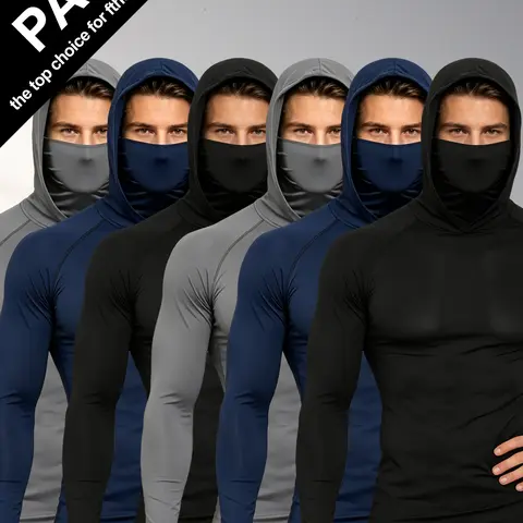 Men's 6 Pack Hooded Compression Shirts with Face Cover, Quick Dry Long Sleeve Athletic Base Layer Tops, High Stretch Workout Undershirts for Cycling Running Gym Sports School Opening Season
