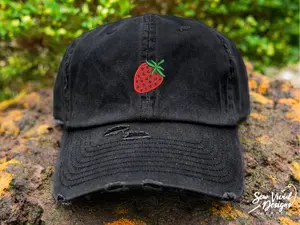 Strawberry Hat | Distressed Baseball Cap OR Ponytail Hat | Embroidered Fruit Hat