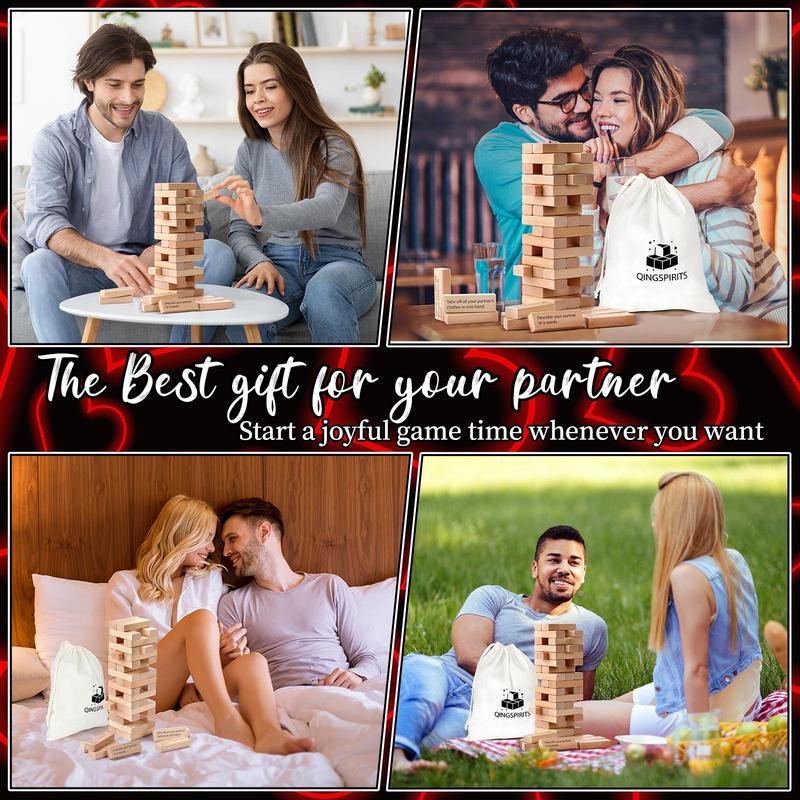 Wooden Tumble Tower Game for Date Night, 54pcs Exciting Stacking Blocks for Grown Ups Romantic Anniversary Valentines Gift Talking Flirting Challenge Spicy Dare Game for Couples