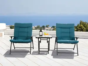 Bastia 3-Piece Conversation Set – Folding Design with Glass Tabletop, Teal Upholstery, Water & UV Resistant Fabric, Cushioned Chairs for Outdoor Comfort By LeisureAmerica