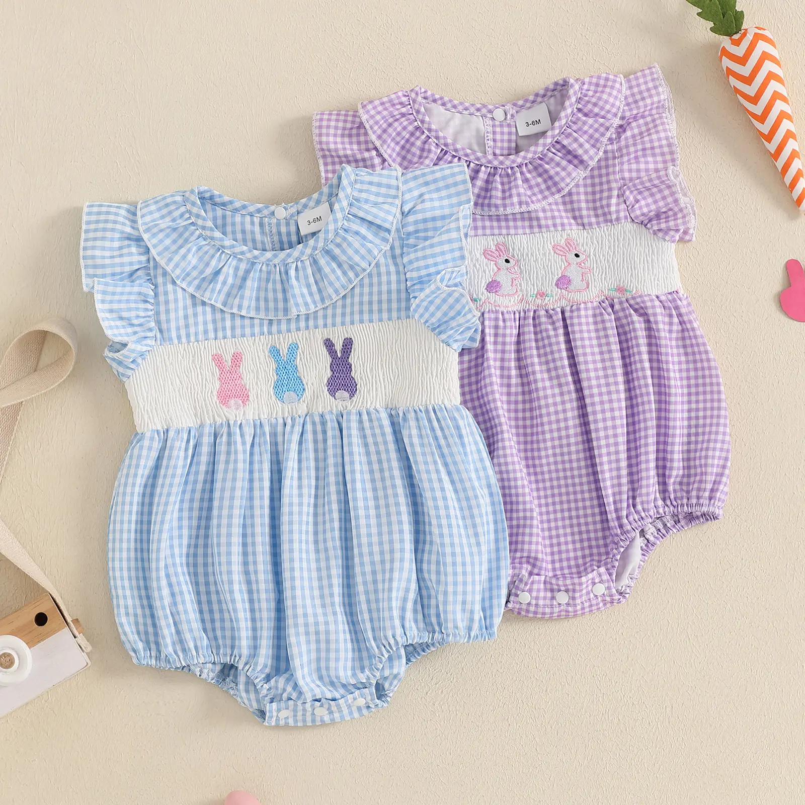 Imcute Infant Baby Girls Rompers Easter Clothes Rabbit Embroidery Plaid Ruffles Fly Sleeve Summer Bodysuits Jumpsuits 0-18 Months