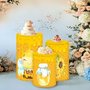 3-Piece Bee Cylinder Background Curtain Set, Birthday Party Decor, Photography Backdrop, Elastic Fabric, Festival Decoration, Cute Design