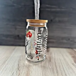 Twilight Glass Tumbler Vampire - 16 oz High-Quality Glass with Bamboo Lid & Reusable Glass Straw, Ideal for Iced Coffee & Tea, Bookish Gift - Bottles, Mug, Drinkware