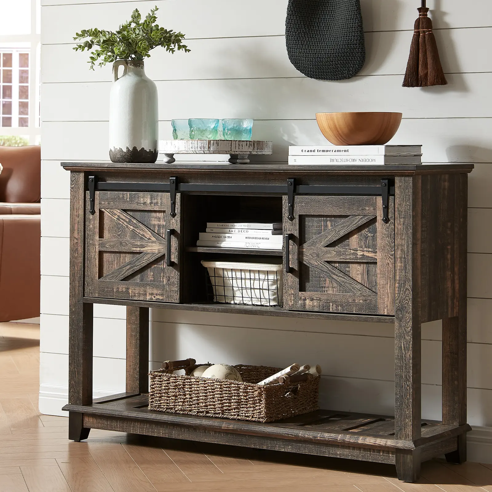 AMERLIFE Sofa Table with Sliding Barn Doors, TV Console Table, 46" Farmhouse Rustic Storage Entryway Table, Adjustable Open Shelves, Hallway