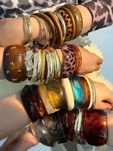 Women Boho Vintage Elegant Acrylic Resin Metal Bracelets Set, Asymmetric Design, Perfect for Dating & Gifts, All Seasons Wear