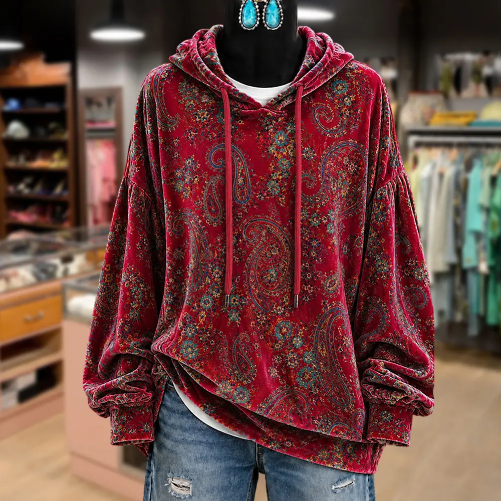 Cherrybetty Vintage Paisley Print Velvet Hoodie Top Graphic Hoodies Tiktok Shop Must Haves For Women Cute Fall Stuff Comfort Hoodie Womenswear