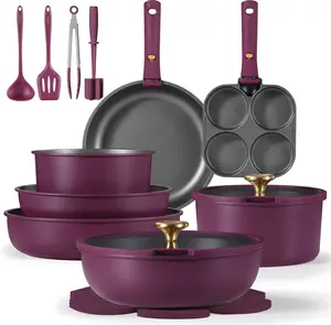 Ceramic Nonstick Cookware Set 21pcs Pots and Pans Set,  Detachable Handle, Induction Kitchen Cookware Sets Non Stick with Removable Handle, RV Cookware Set, Gold and Purple