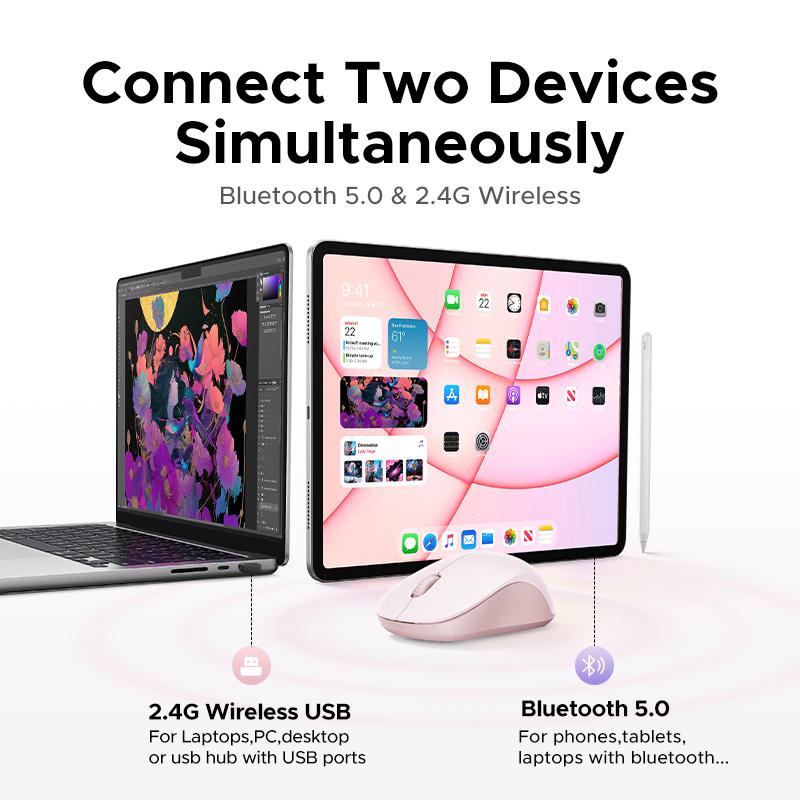 UGREEN  Wireless Bluetooth Mouse Laptop Mice Portable(BT5.0 and USB 2.4G) Dual Mode Connection Silent Slim Computer Mouse for Laptop/iPad Tablet/Apple MacBook/PC