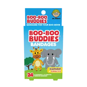 Dr. Todd's Boo-Boo Buddies Elephant & Giraffe Bandages for Kids - Waterproof Latex-Free 24 Count Kit Aid Healthcare Adhesive Bandages