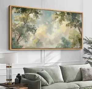 Large Framed Soft Tree Canopy Sky Wall Art, Looking Up Forest Canvas Print, Light Green Nature Artwork for Soothing Bedroom Decor