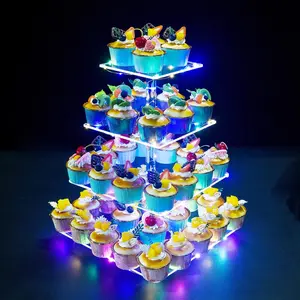 Cupcake Stand, 4-Tier Square Cupcake Holder with LED light String,  Cupcake Tower Display-Dessert Tower-Pastry Stand-Cupcake Tier Stand for Wedding, Birthday party ( Colorful Light)