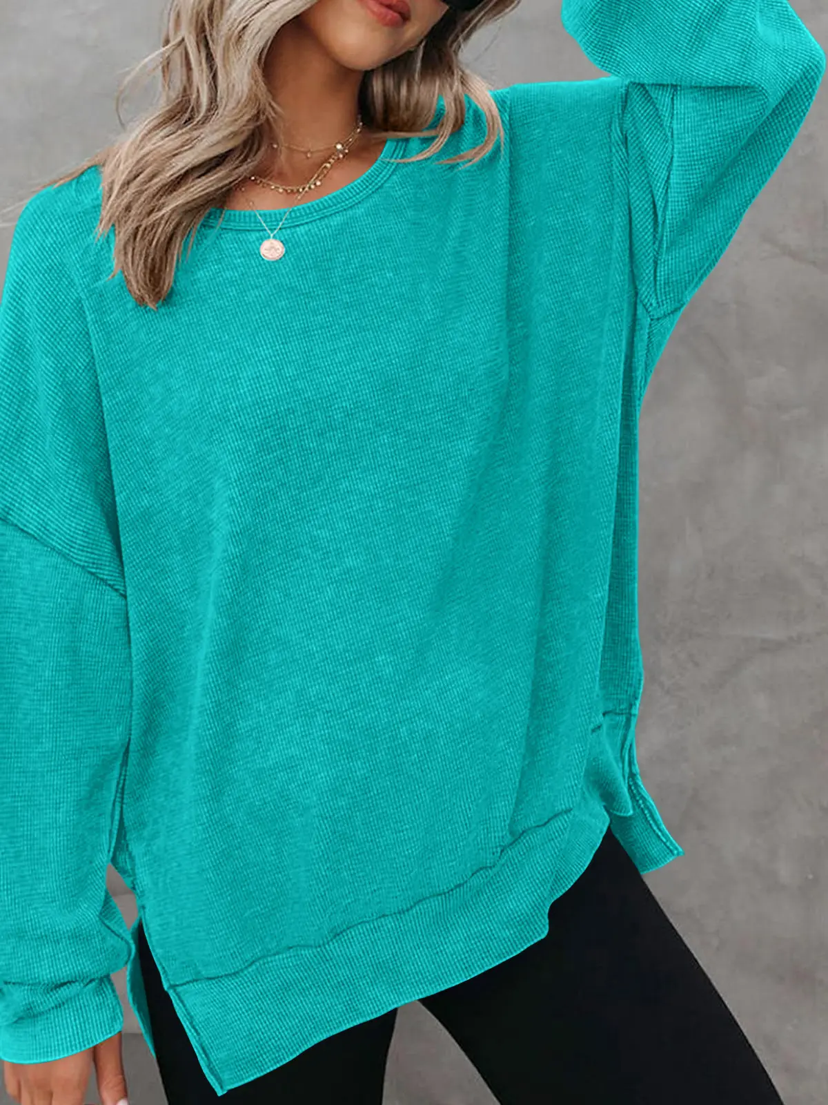 YF Women's Waffle Knit Crew Neck Pullover Sweatshirt, Drop Shoulder Long Sleeve Side Slit Loose Tunic Top, Casual Comfy Fall Winter Daily Loungewear Streetwear, Sage Green Dark Gray Multi Sizes