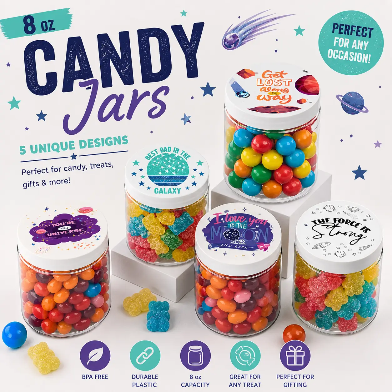 May The 4th Be With You 8oz Candy Jars - 5 Celestial Designs, Custom Lid Storage Jars for Sweet Snacks, Candies